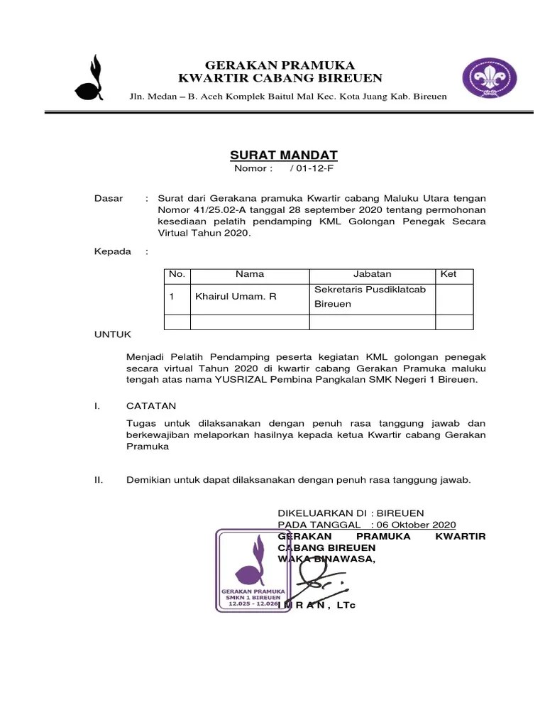 Download contoh surat mandat gerakan pramuka. Contoh Surat Mandat Peldam Gerakan Pramuka