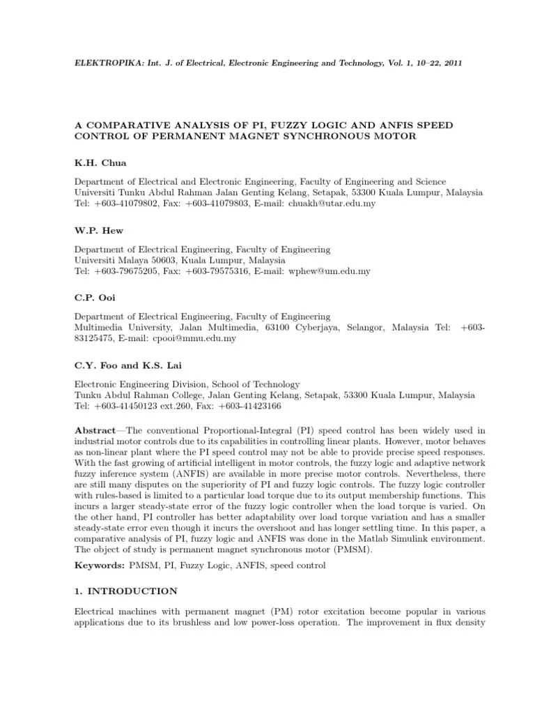 A Comparative Analysis Of Pi, Fuzzy Logic And Anfis Speed | PDF | Control Theory | Electric Motor