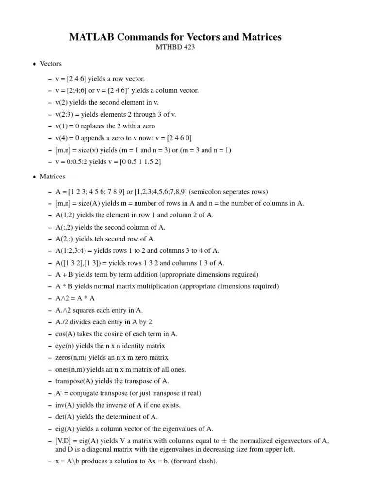 MATLABcommands | PDF | Matrix (Mathematics) | Eigenvalues And Eigenvectors