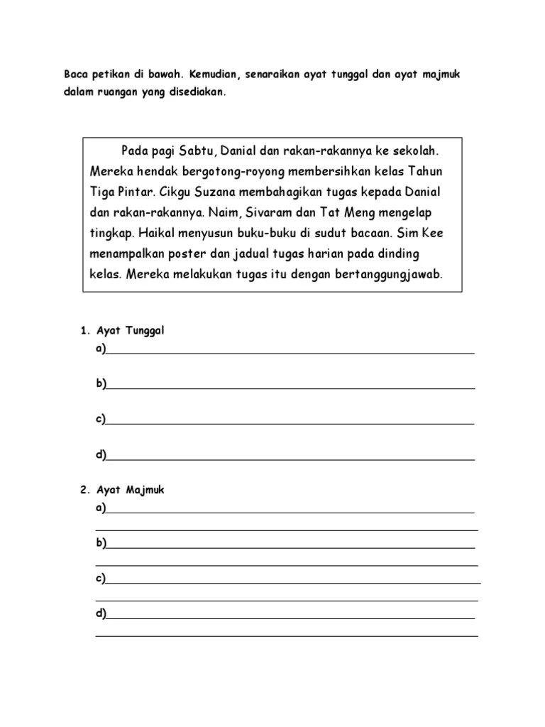 Berdasarkan video pembelajaran ayat tunggal dan ayat majmuk ini, murid boleh menjawab latihan google form yang disediakan. Latihan Ayat Tunggal Dan Ayat Majmuk Pdf