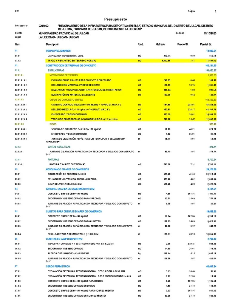 Presupuesto Estadio | Descargar Gratis PDF | Ingeniería De Edificación | Edificio