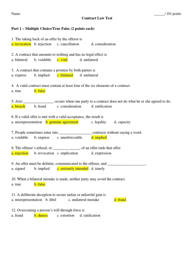 Contract Law Test Part 1 - Multiple Choice/True False (2 Points Each) | Download Free PDF ...
