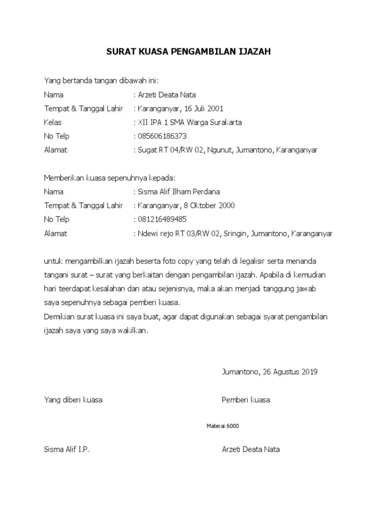 Dengan membaca artikel ini kamu akan bisa membuat . Surat Kuasa Pengambilan Ijazah Pdf