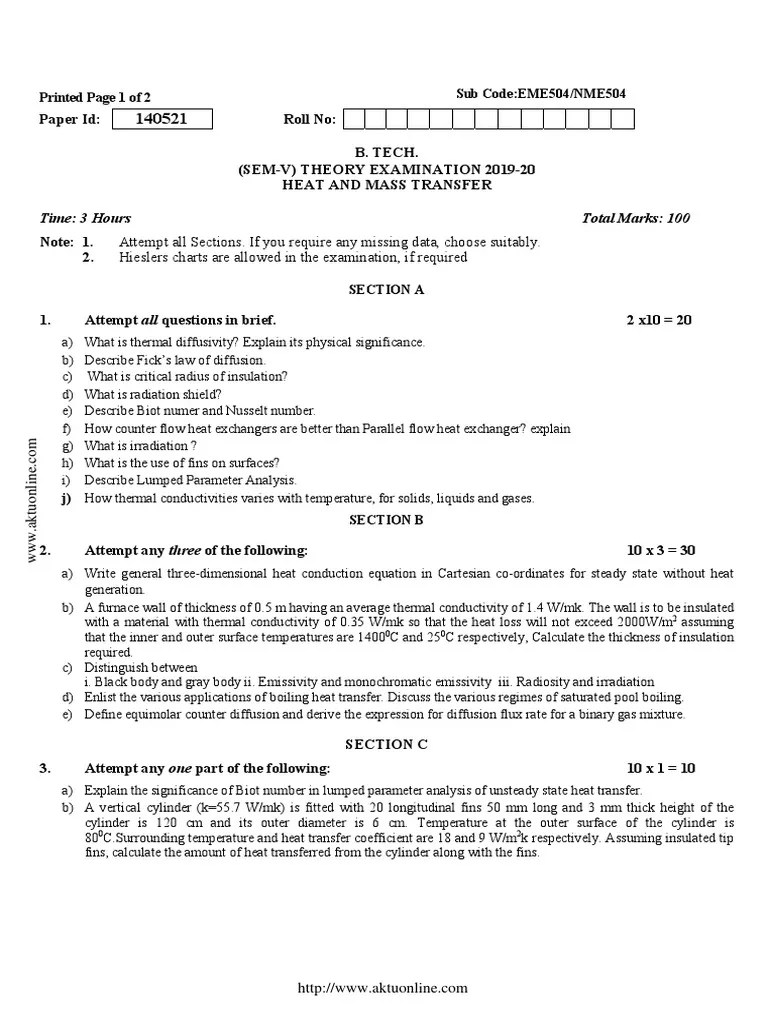 Heat And Mass Transfer Exam Questions | PDF | Heat Transfer | Thermal ...
