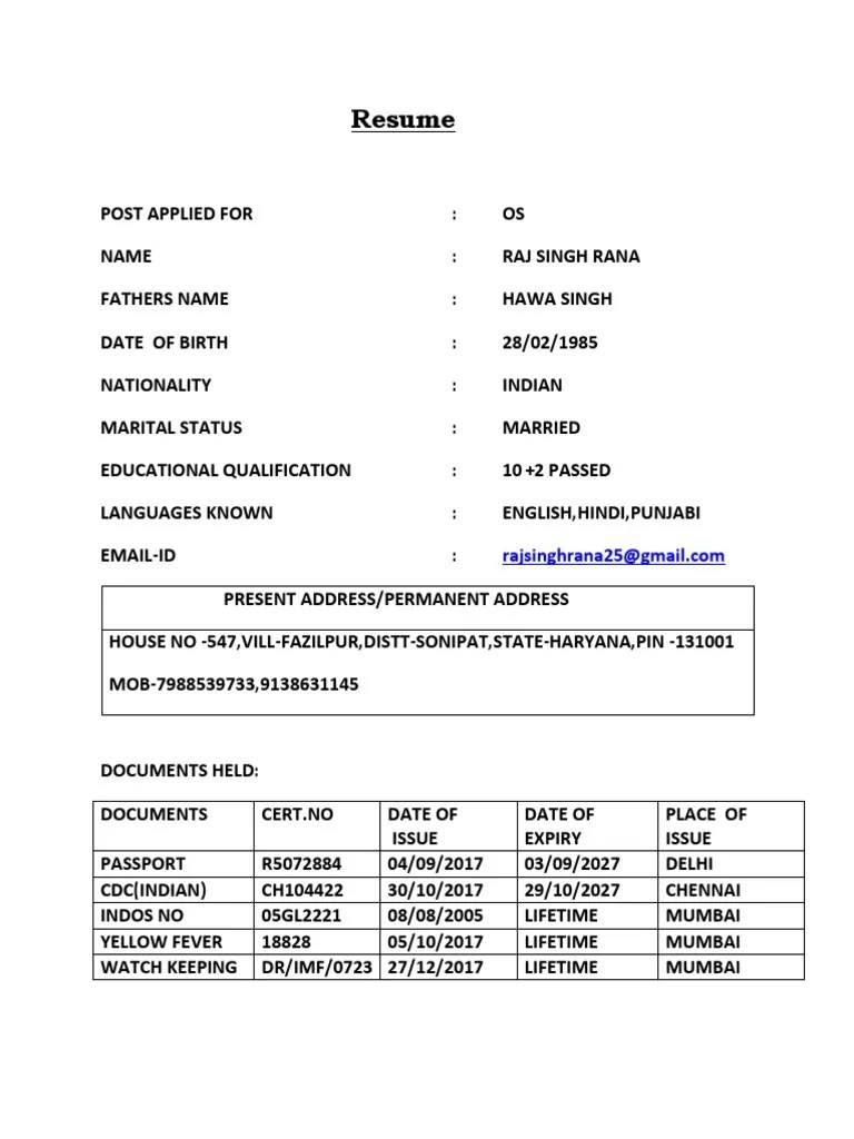 Raj Resume Seaman New Biodata PDF | PDF