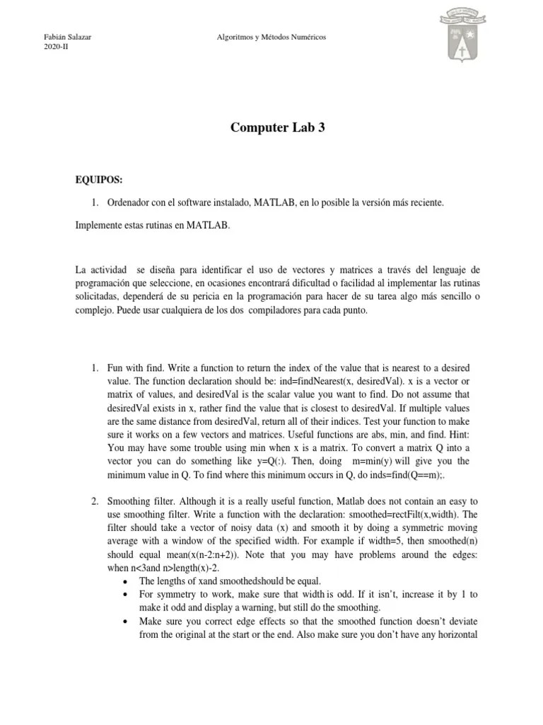 Computer Lab 3 | PDF | Matlab | Matrix (Mathematics)