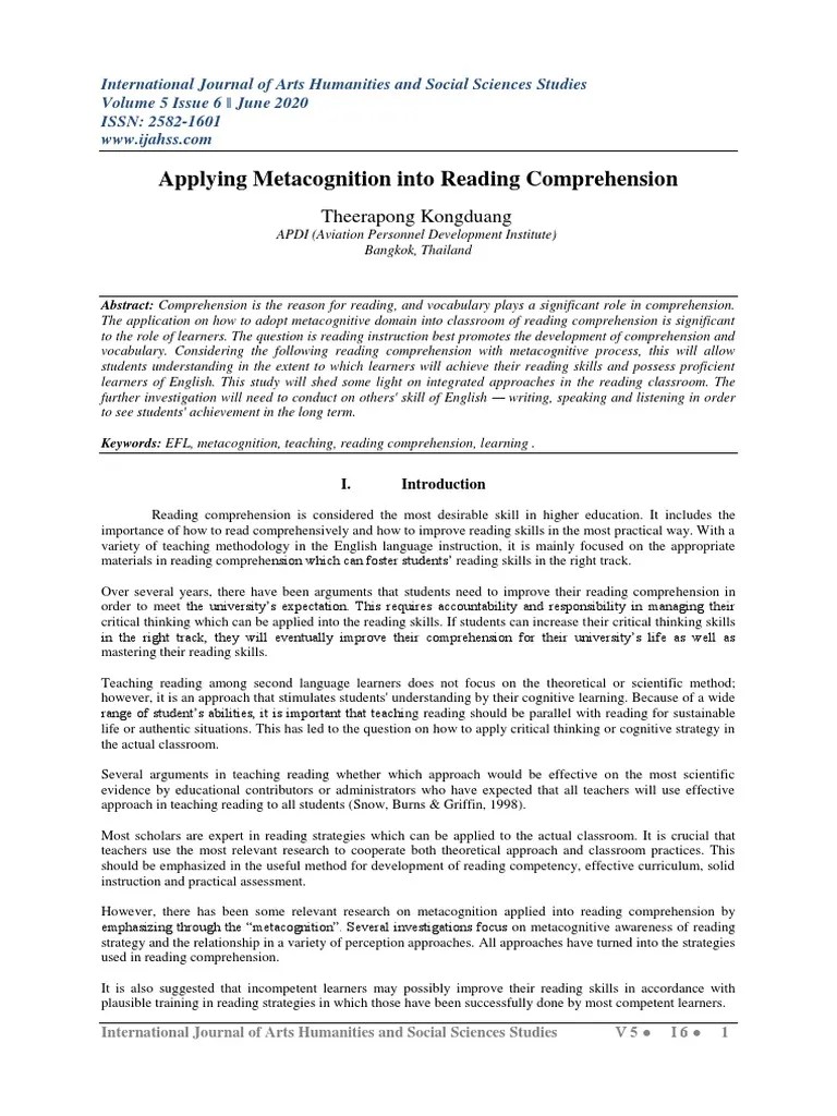 Applying Metacognition Into Reading Comprehension | PDF | Metacognition ...