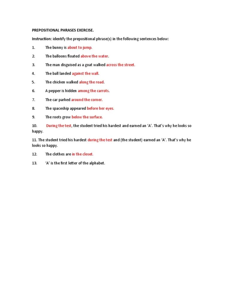 Prepositional Phrases Exercise | PDF