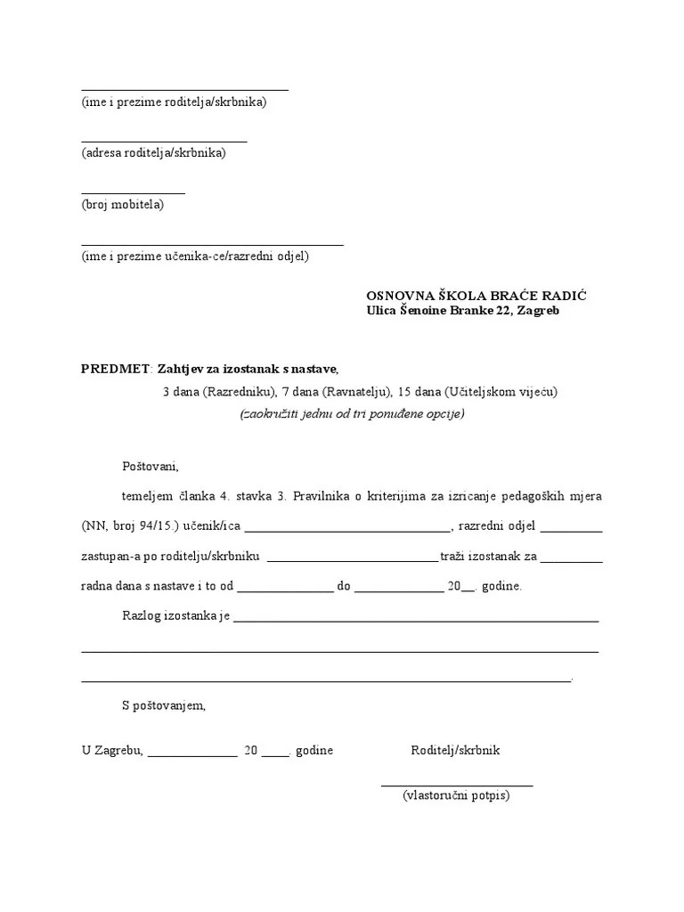 Obrazac Za Izostanak Ucenika S Nastave | PDF