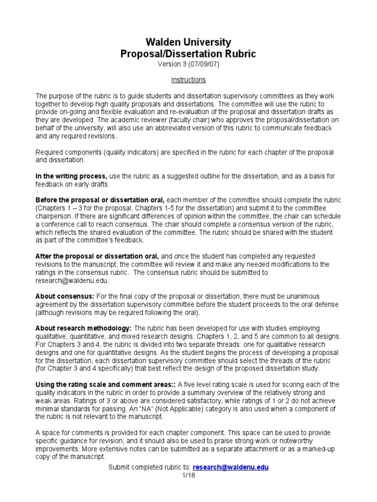 Walden University Proposal/Dissertation Rubric: Research@waldenu - Edu ...