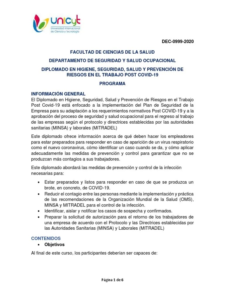 Programa Diplomado En Higiene, Seguridad, Salud Y Prevención De Riesgos En El Trabajo Post Covid ...