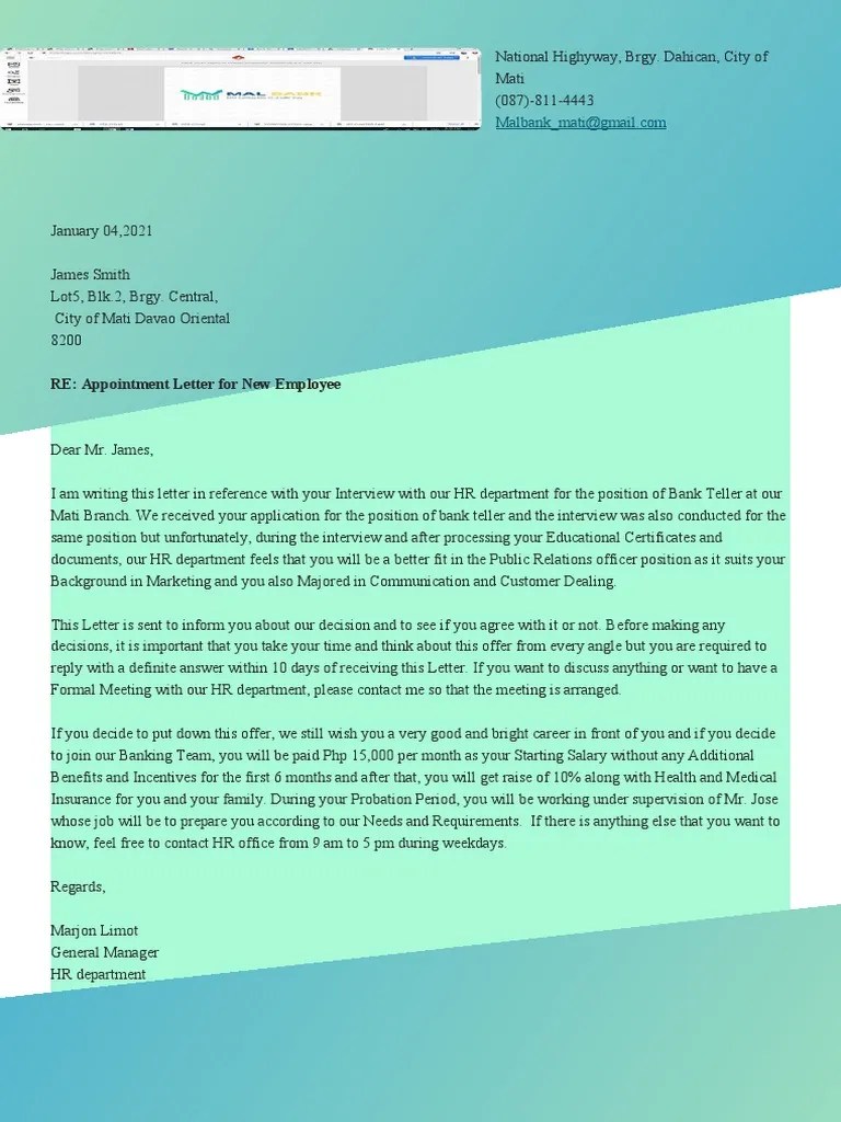 RE: Appointment Letter For New Employee | PDF | Human Resource Management | Economies