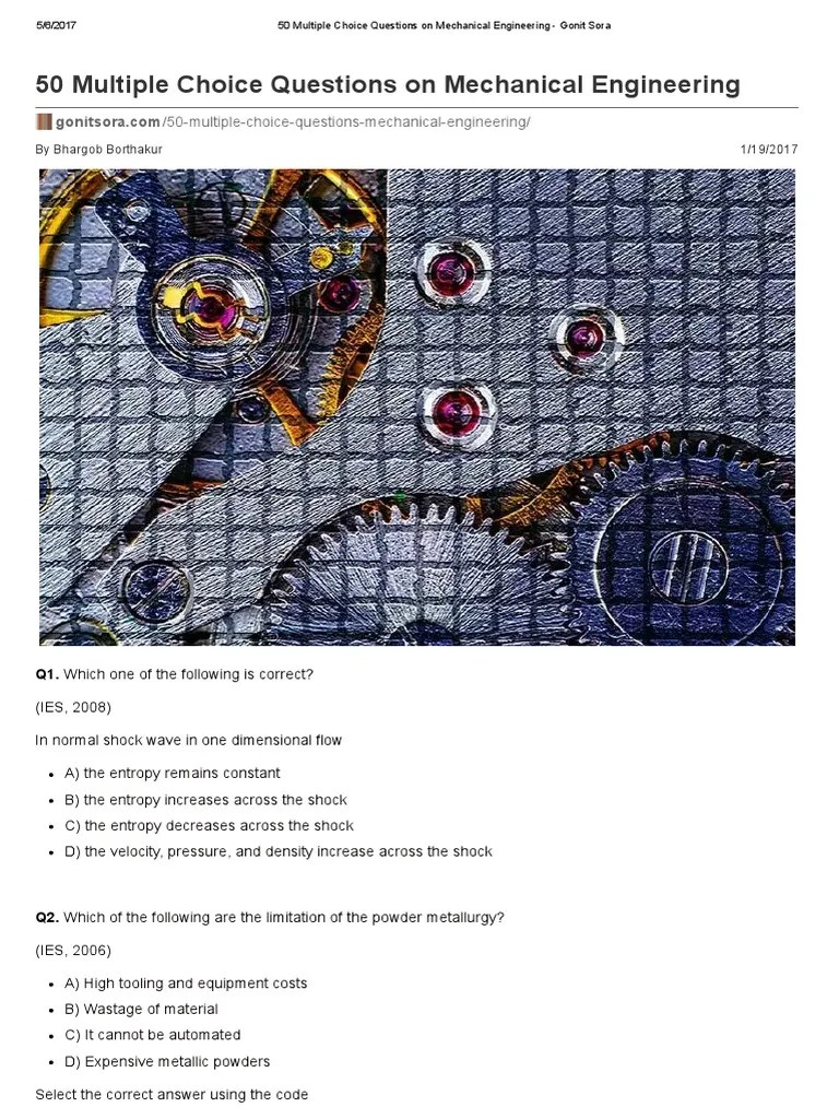 50 Multiple Choice Questions On Mechanical Engineering - Gonit Sora | PDF | Phase (Matter) | Bending