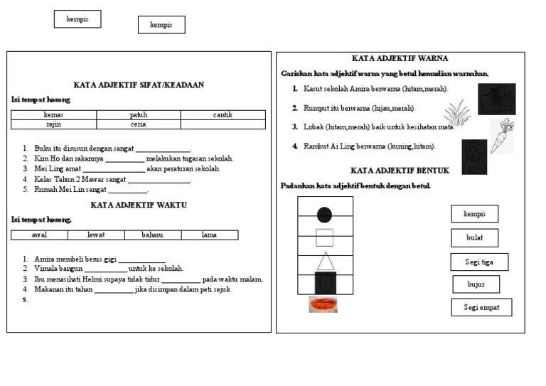 Jam ______ pada dinding menunjukkan pukul 1.30 tengah hari. Kata Adjektif Sifat Bentuk Warna Waktu Pdf