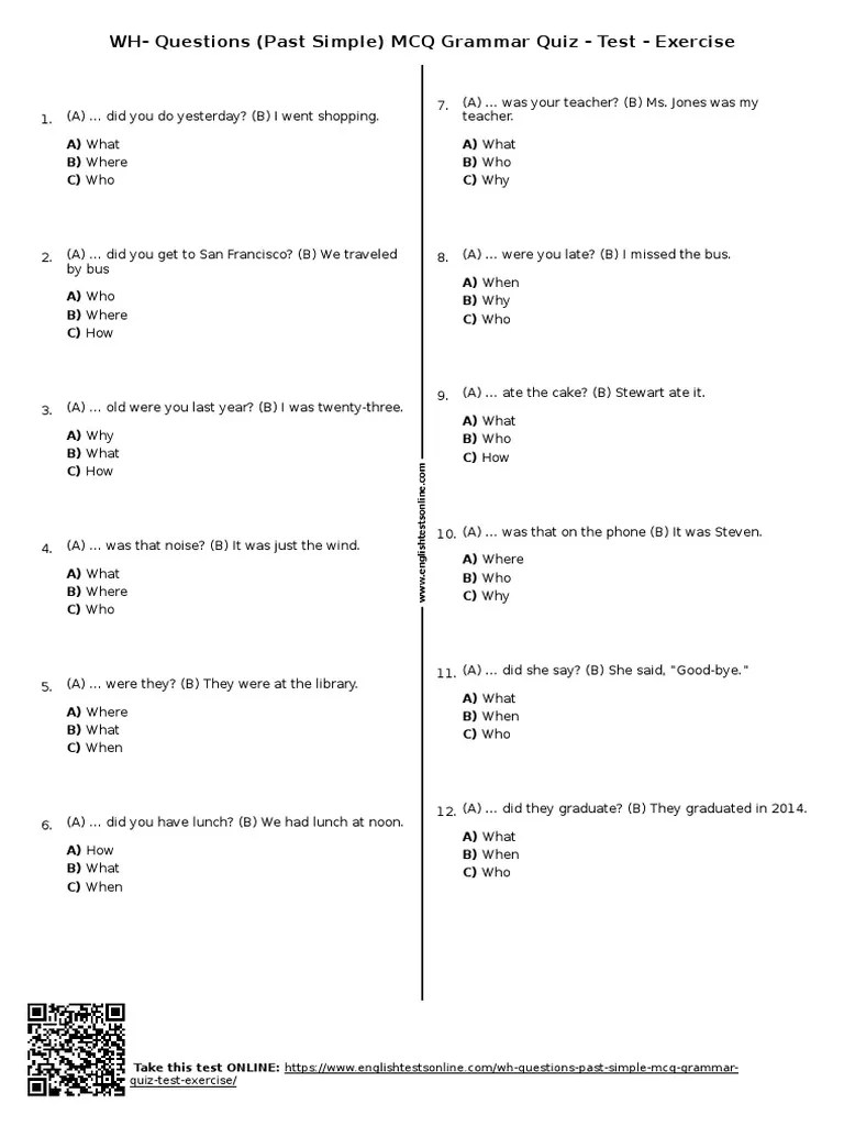 784 - WH Questions Past Simple MCQ Grammar Quiz Test Exercise | PDF | Leisure