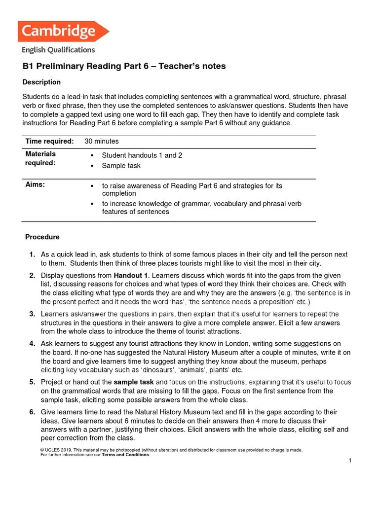 B1 Preliminary Reading Part 6 - Teacher's Notes | PDF | Question | Phrase