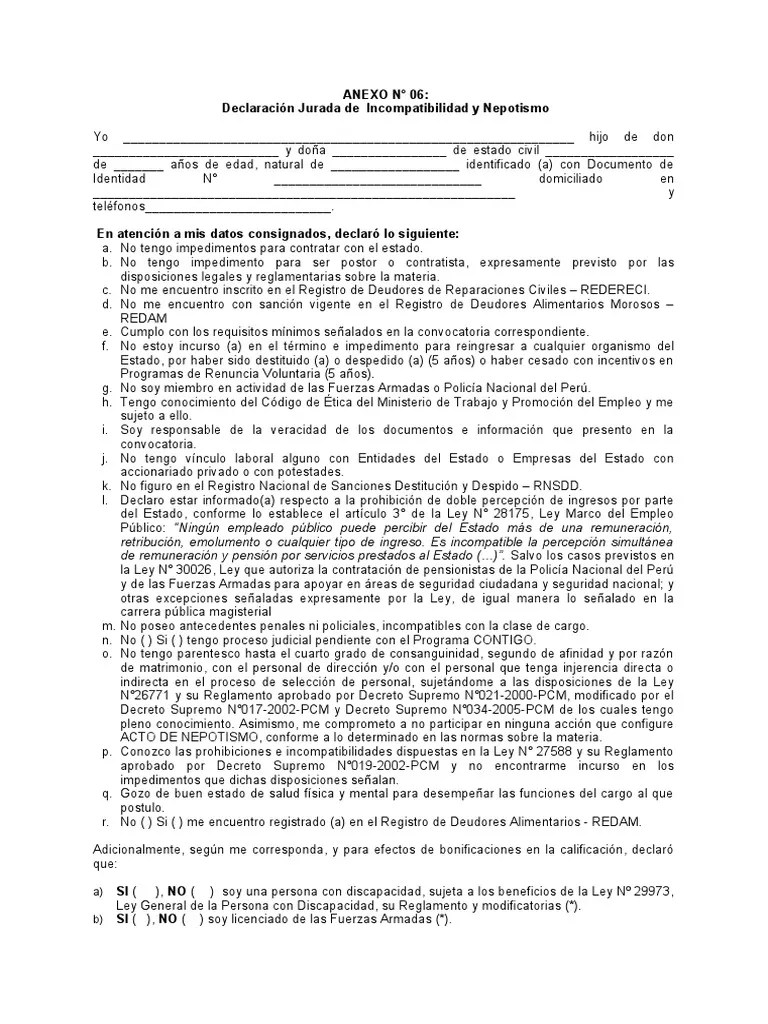 ANEXO #06 - Declaración Jurada De Incompatibilidad Y Nepotismo | PDF | Estado (política ...
