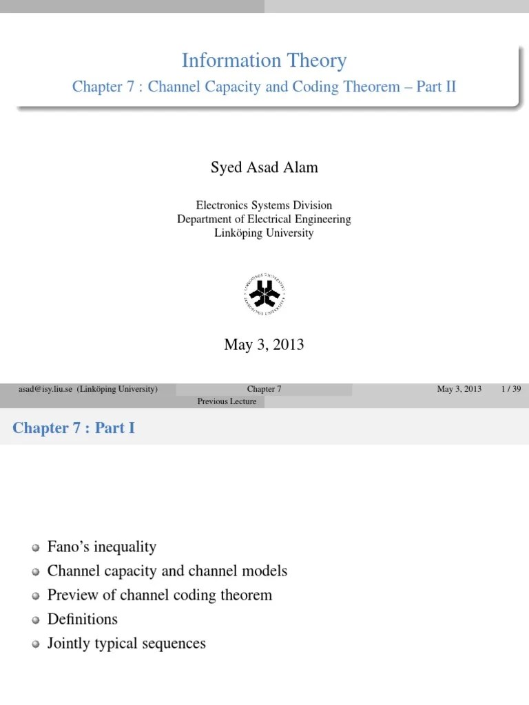 Information Theory: Chapter 7: Channel Capacity And Coding Theorem - Part II | PDF | Code ...