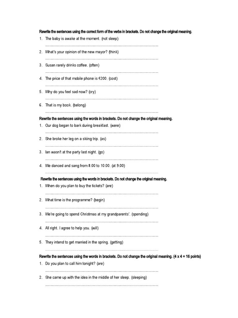 Rewrite The Sentences Using The Correct Form Of The Verbs | PDF ...