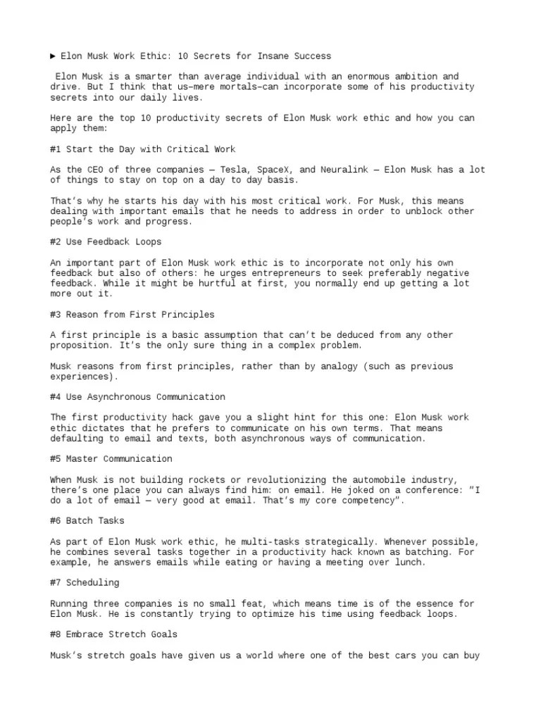 Top 10 Elon Musk Productivity Secrets For Insane Success (Elon Musk Work Ethic) | PDF | Elon ...