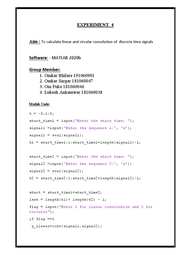 Experiment 4: To Calculate Linear And Circular Convolution Of Discrete ...