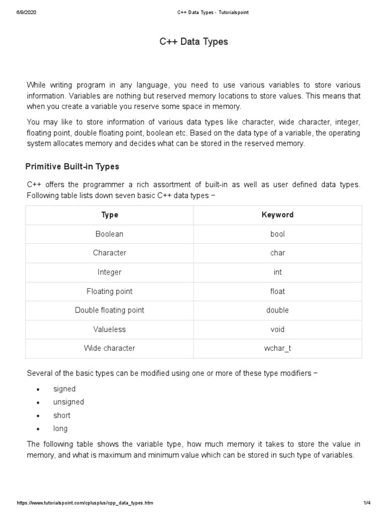 C++ Data Types - Tutorialspoint | PDF | Data Type | Integer (Computer ...