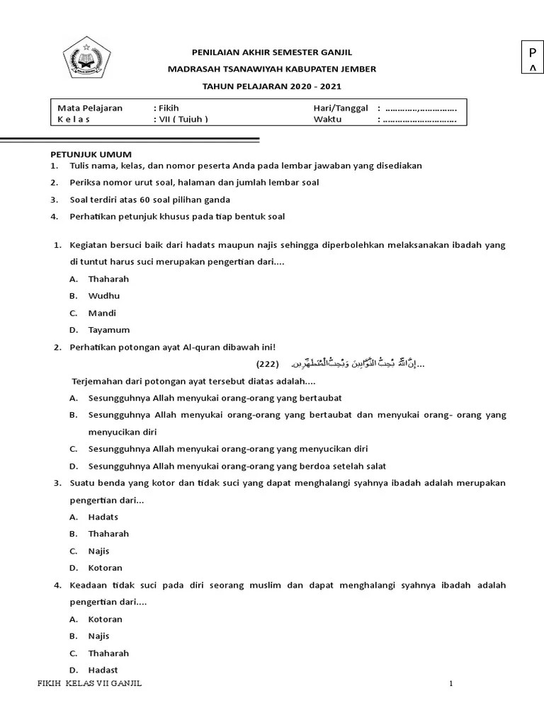 Tabel 4.5 hasil uji validitas soal pilihan ganda pemahaman fiqih (thaharah. Soal Pas Fiqih Vii Ganjil 2020 2021 Pdf