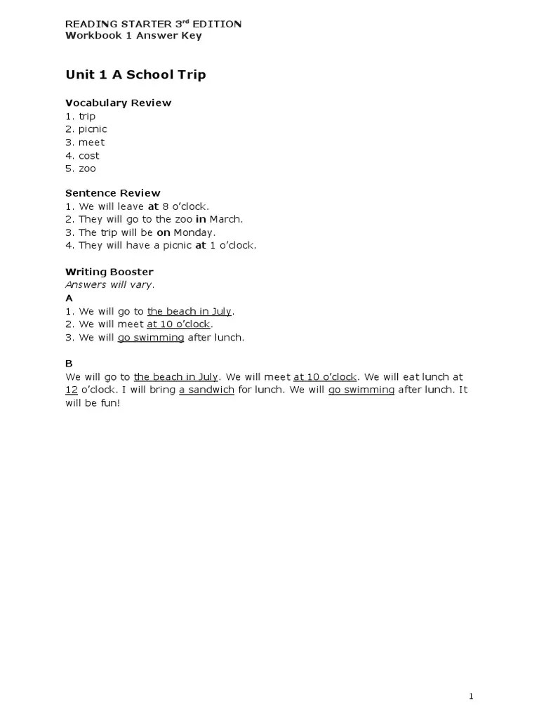 Reading Starter 1 WB Answer Key | PDF | Lunch | Food And Drink