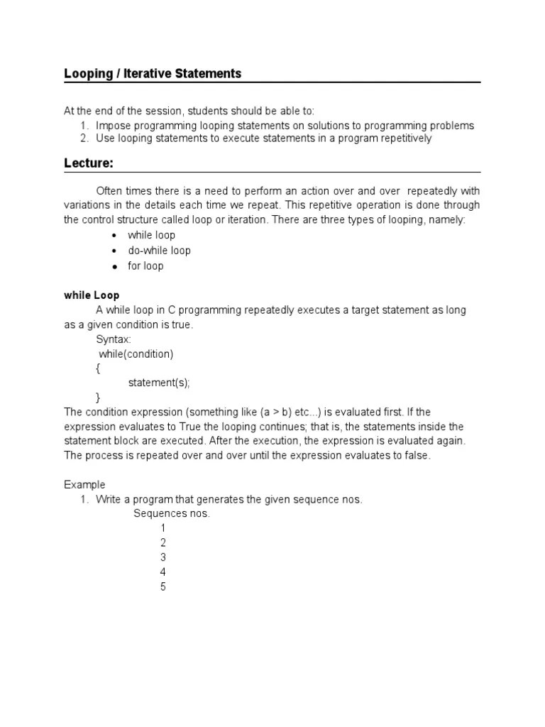 Looping / Iterative Statements: While Loop | PDF | Control Flow ...