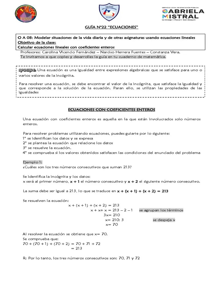 GUÍA Ecuaciones Lineales OCTAVO MATE | PDF | Ecuaciones | Matemática ...