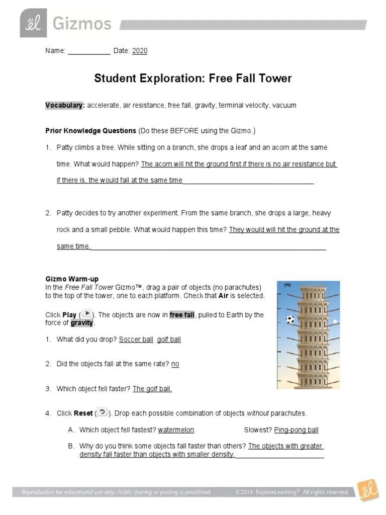 Activity a collision theory gizmos : Freefalltowerse 1 Answer Key Drag Physics Speed