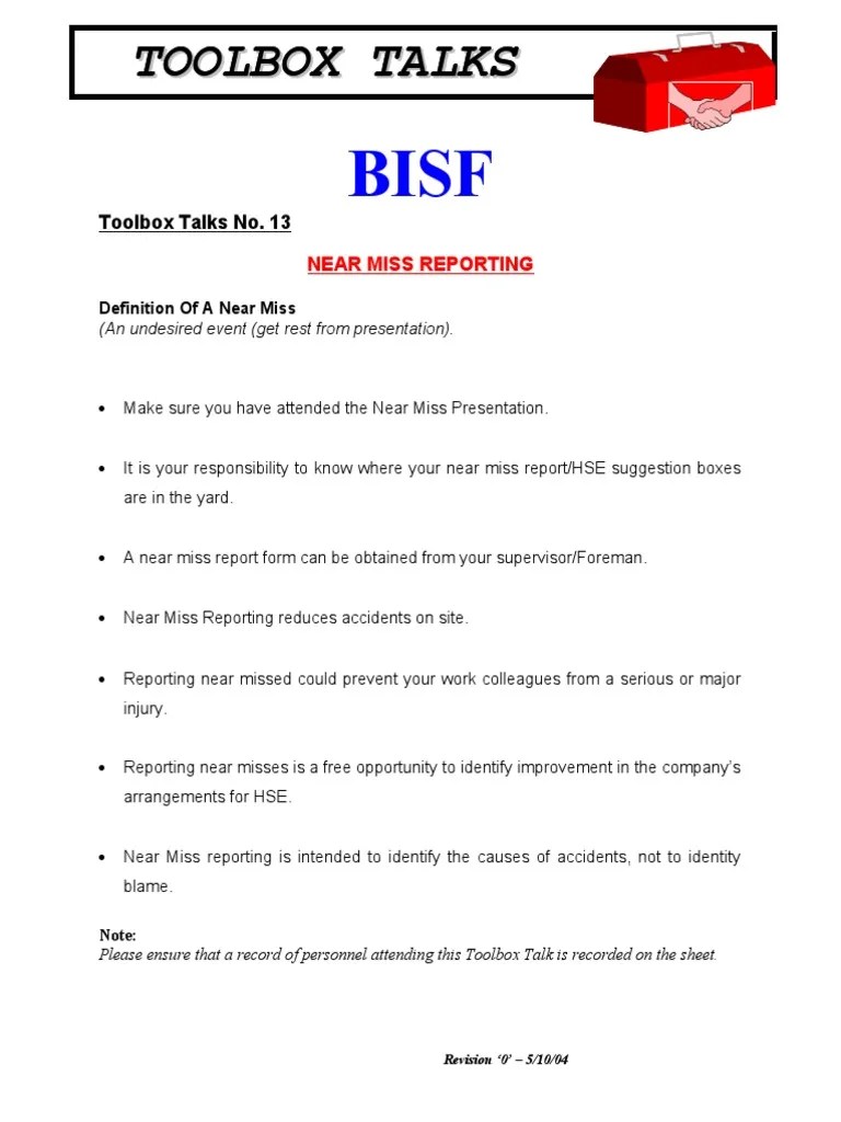 Tool Box Talk - 13 Near Miss Reporting | PDF