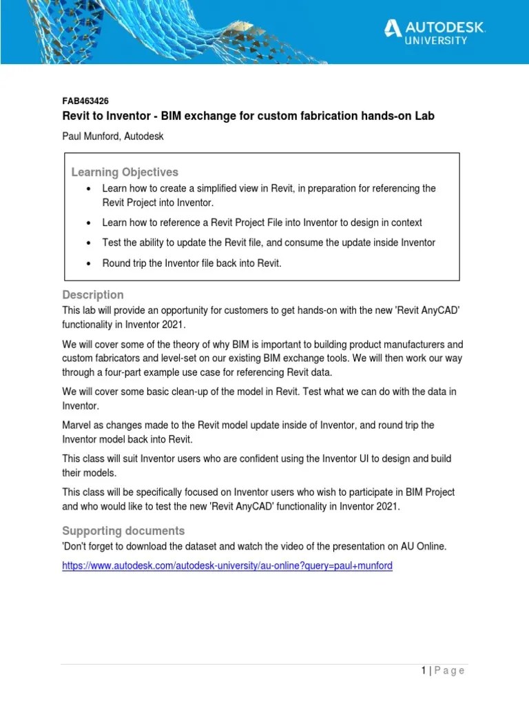 Revit To Inventor - BIM Exchange For Custom Fabrication Hands-On Lab | PDF | Building ...