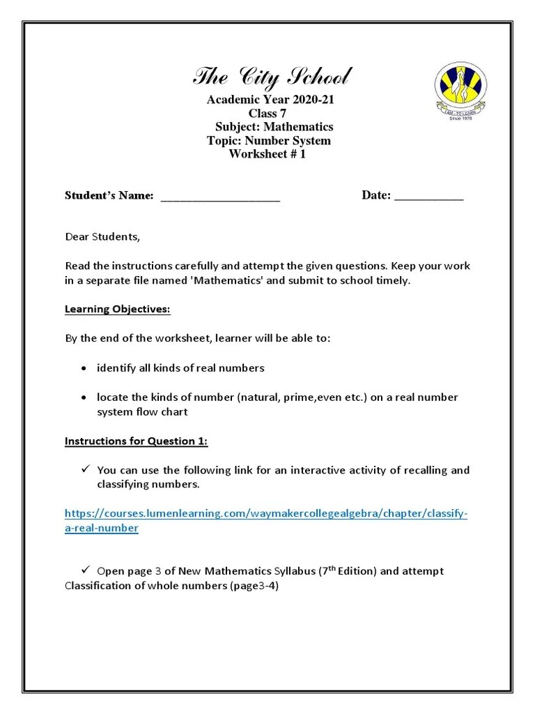 Class 7 Worksheet 01-Number System PDF | PDF | Numbers | Teaching ...