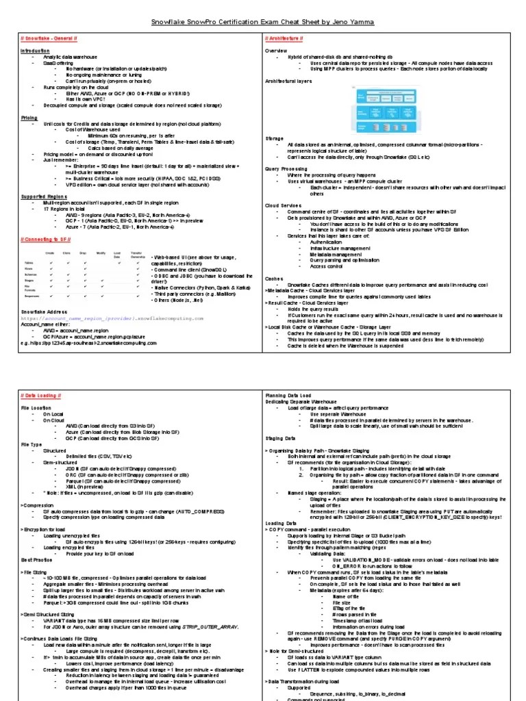 Snowflake Snowpro Certification Exam Cheat Sheet By Jeno Yamma | PDF ...