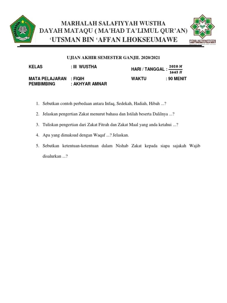 Ustadz Akhyar SOAL UJIAN FIQIH KELAS 3 WUSTHA PDF | PDF