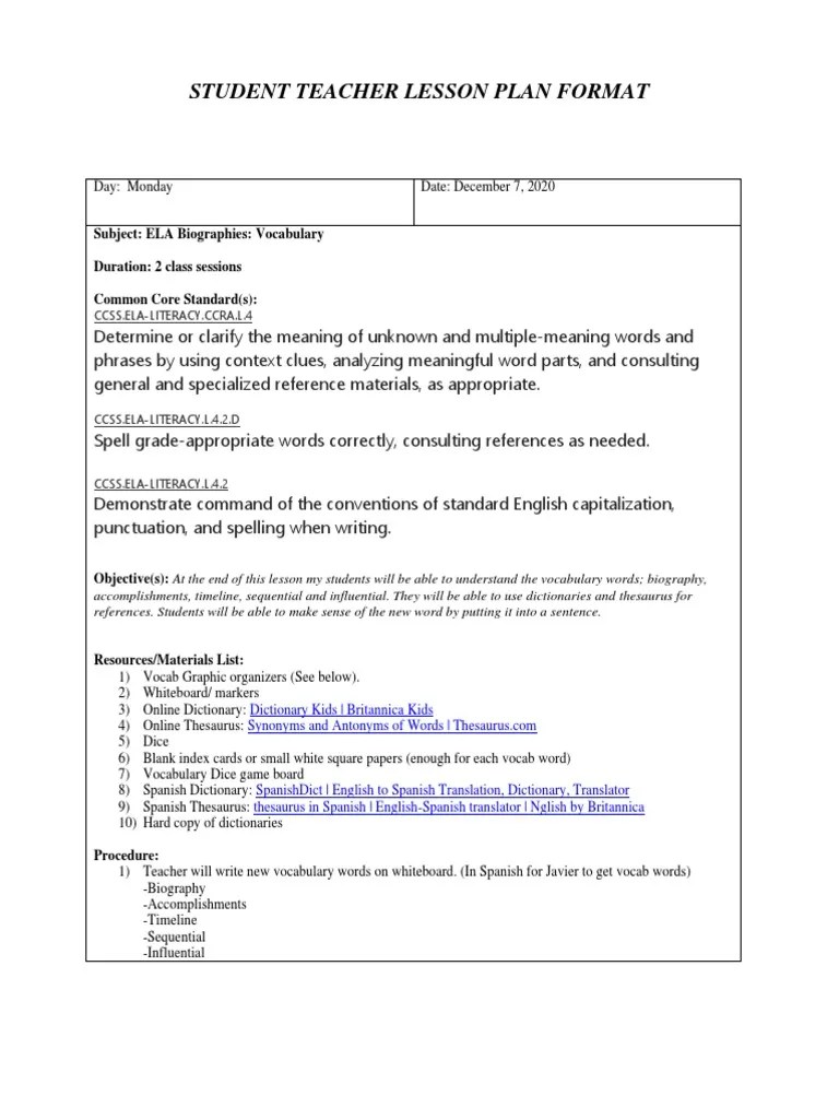Student Teacher Lesson Plan Format | PDF | Vocabulary | Dictionary