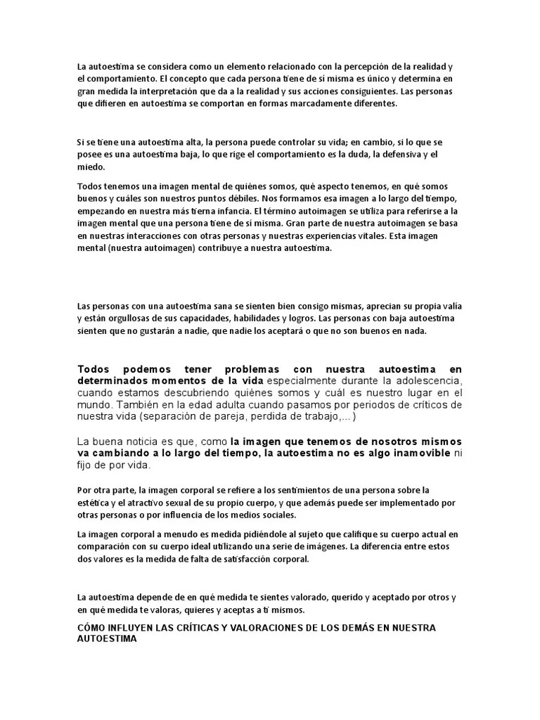 La Autoestima Se Considera Como Un Elemento Relacionado Con La Percepción De La Realidad Y El ...