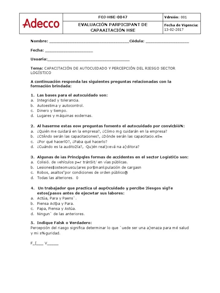 Evaluaci N Capacitaci N De Autocuidado Y Percepci N Del Riesgo Sector Log Stico Pdf - Best Light Textures in 8K