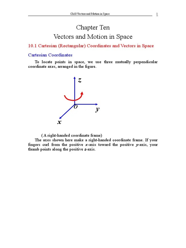 Chapter10 Vectors And Motions In Space | PDF | Cartesian Coordinate ...