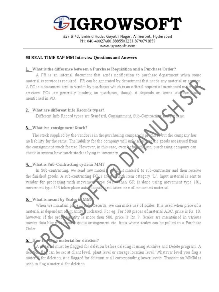 Igrowsoft: 50 REAL TIME SAP MM Interview Questions And Answers 1 | PDF | Inventory | Valuation ...
