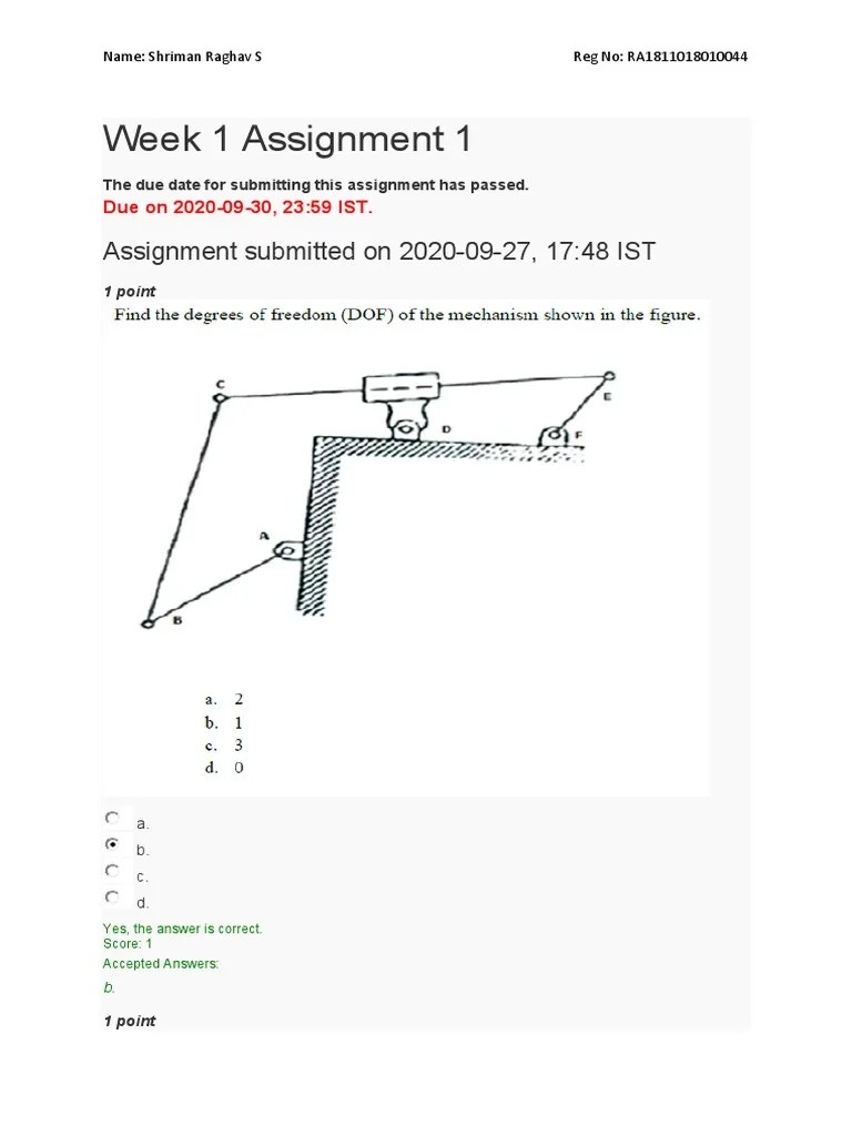 Week 1 Assignment 1: Assignment Submitted On 2020-09-27, 17:48 IST | PDF