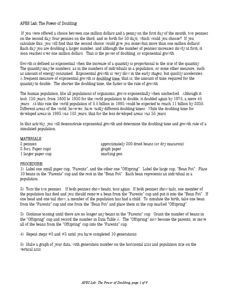 APES Lab: The Power Of Doubling, Page 1 Of 4 | PDF | Teaching Mathematics | Nature