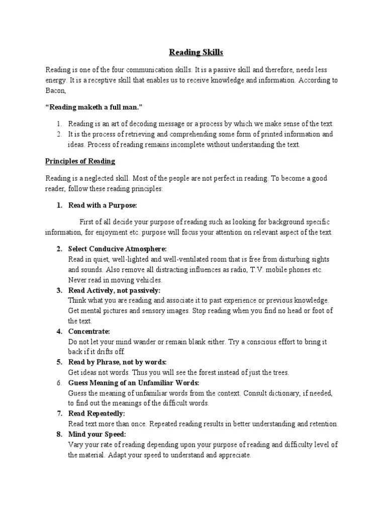 Reading Skills: 