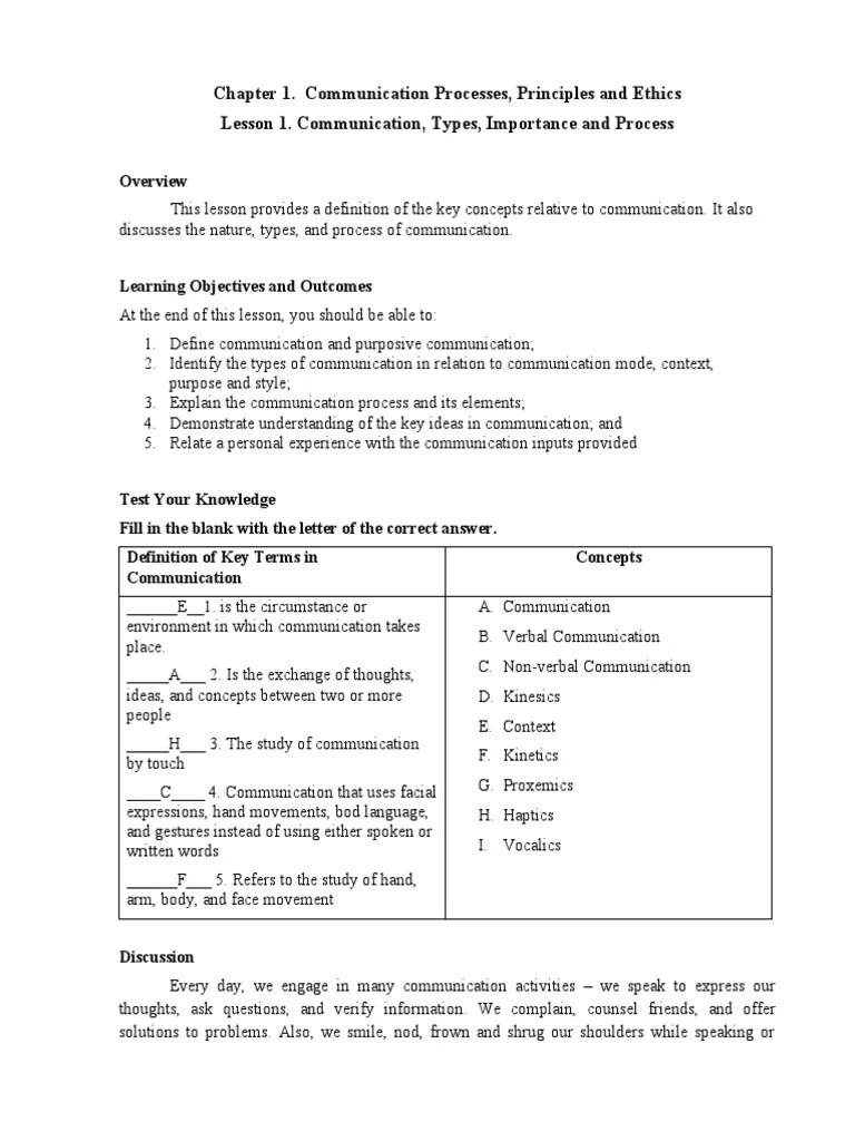 Chapter 1. Lesson 1 - Communication, Importance And Process | PDF ...