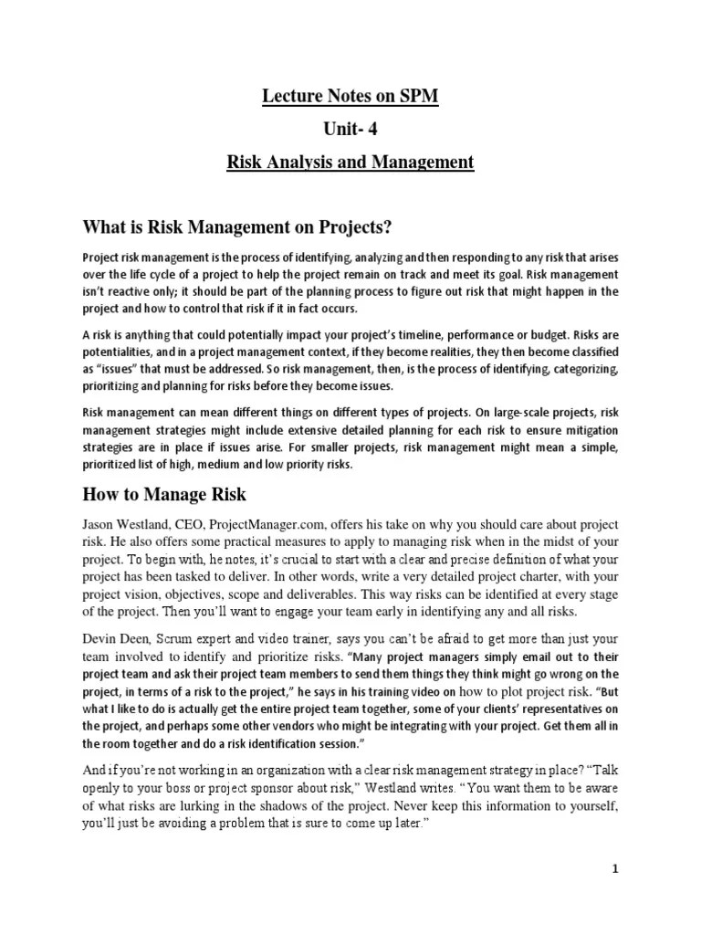 Lecture Notes On SPM Unit-4 Risk Analysis And Management | PDF | Risk ...