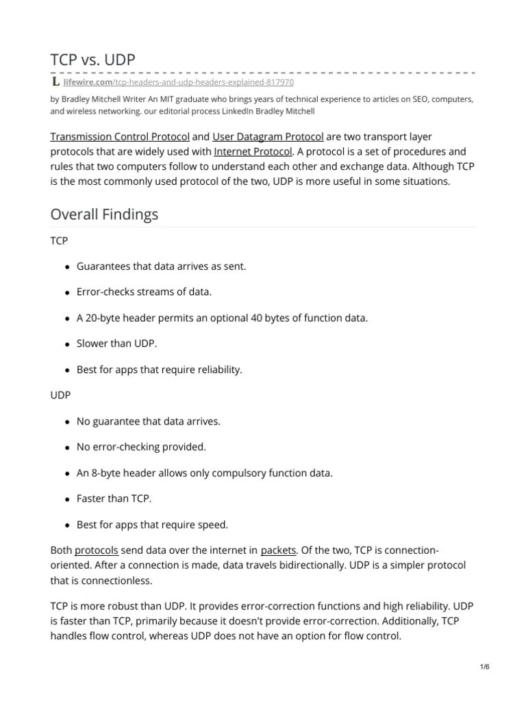 TCP Vs UDP PDF | PDF | Transmission Control Protocol | Network Packet