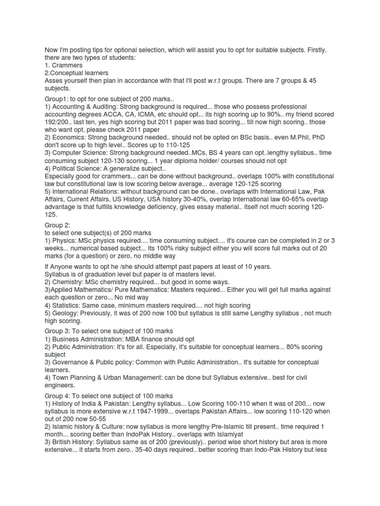 CSS Scoring Subjects Details | PDF | Bachelor Of Science | Master Of ...