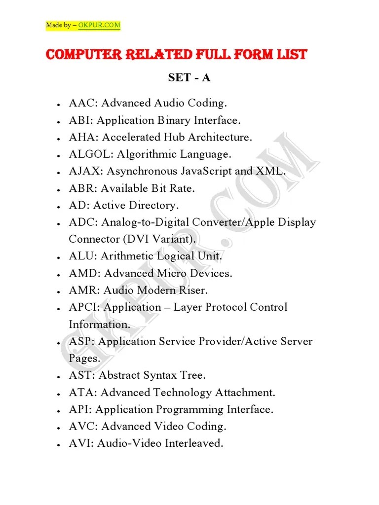 A To Z Computer Related Full Form | Download Free PDF | Computer ...