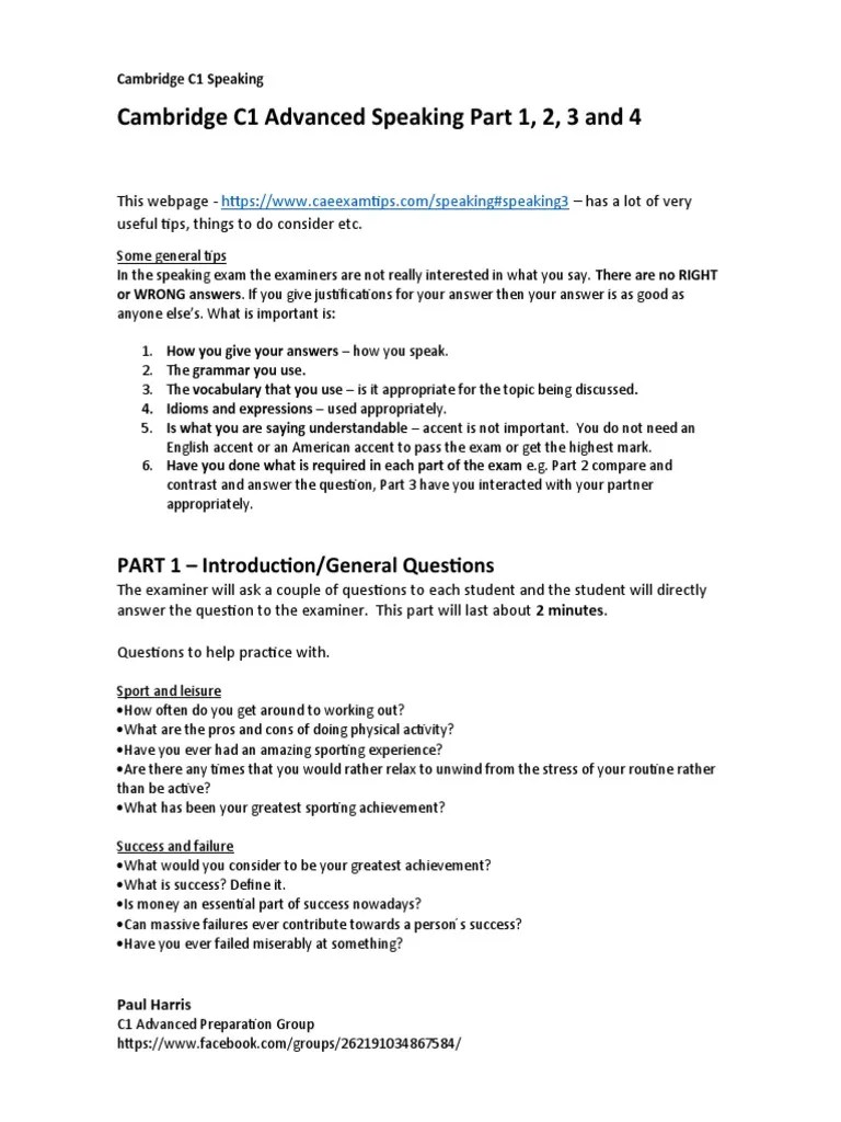 Cambridge C1 Advanced Speaking Part 1, 2 3 And 4 | PDF | Test ...